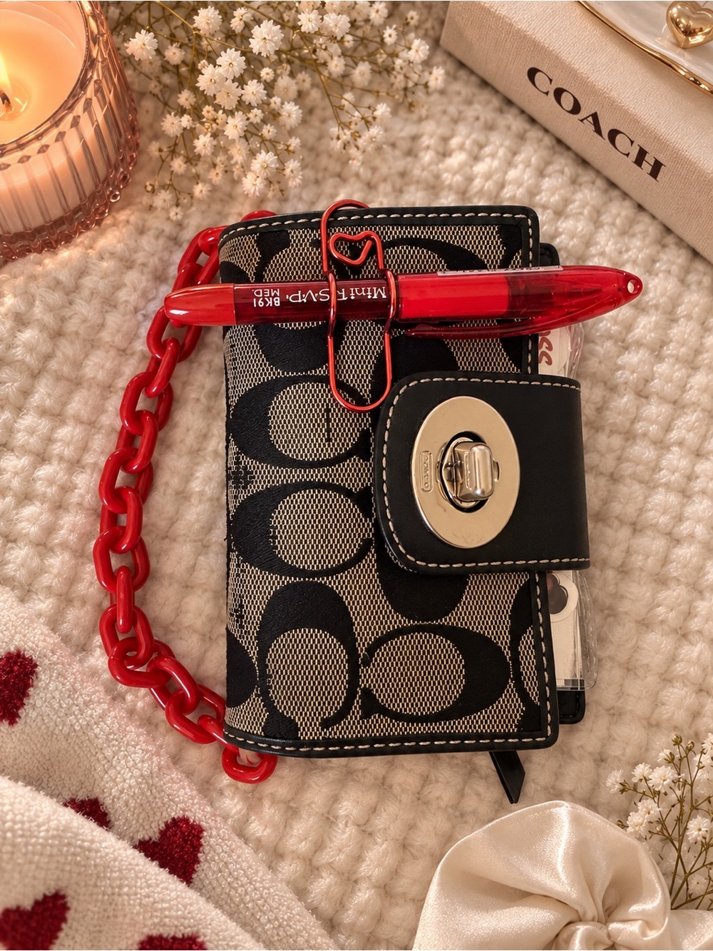 COACH Black Signature Phone Wallet with Red Chain and Pen